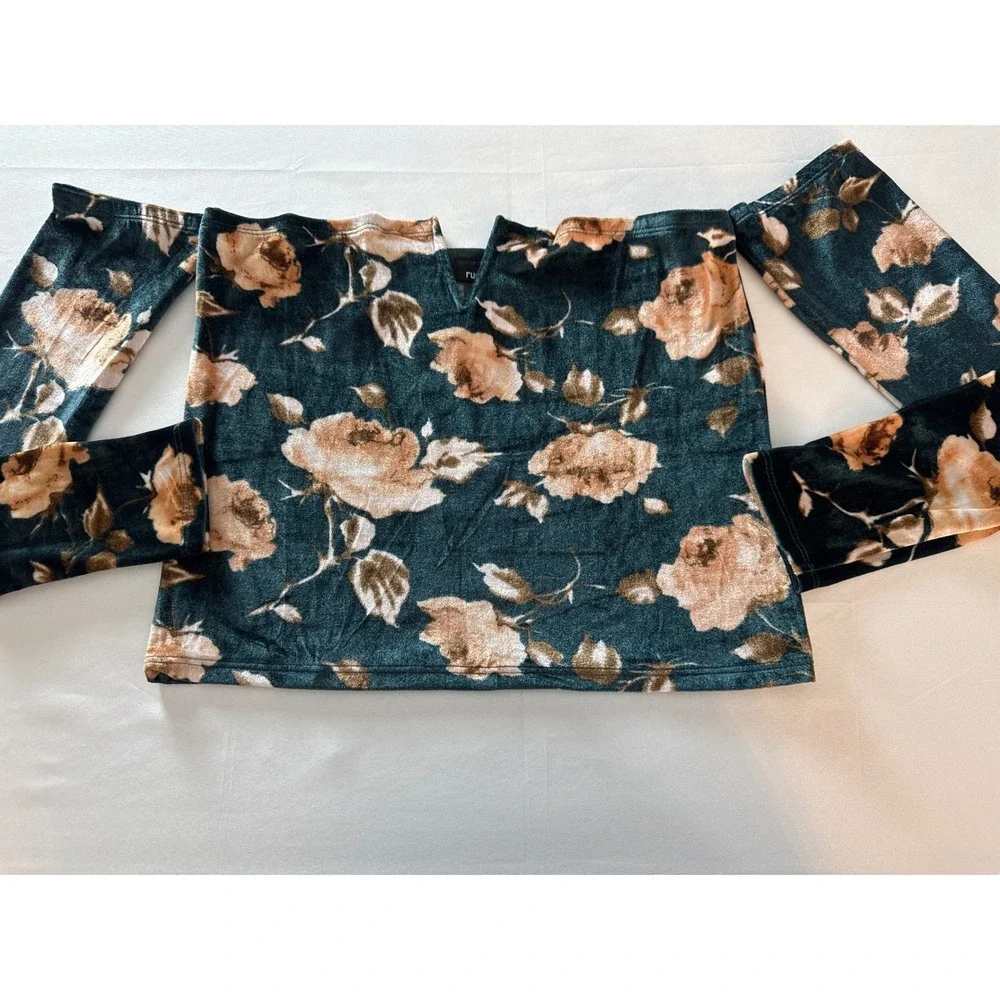 rue21 Womens Large Teal Velvet Floral Off Shoulder Bell Sleeve Crop Top NWT